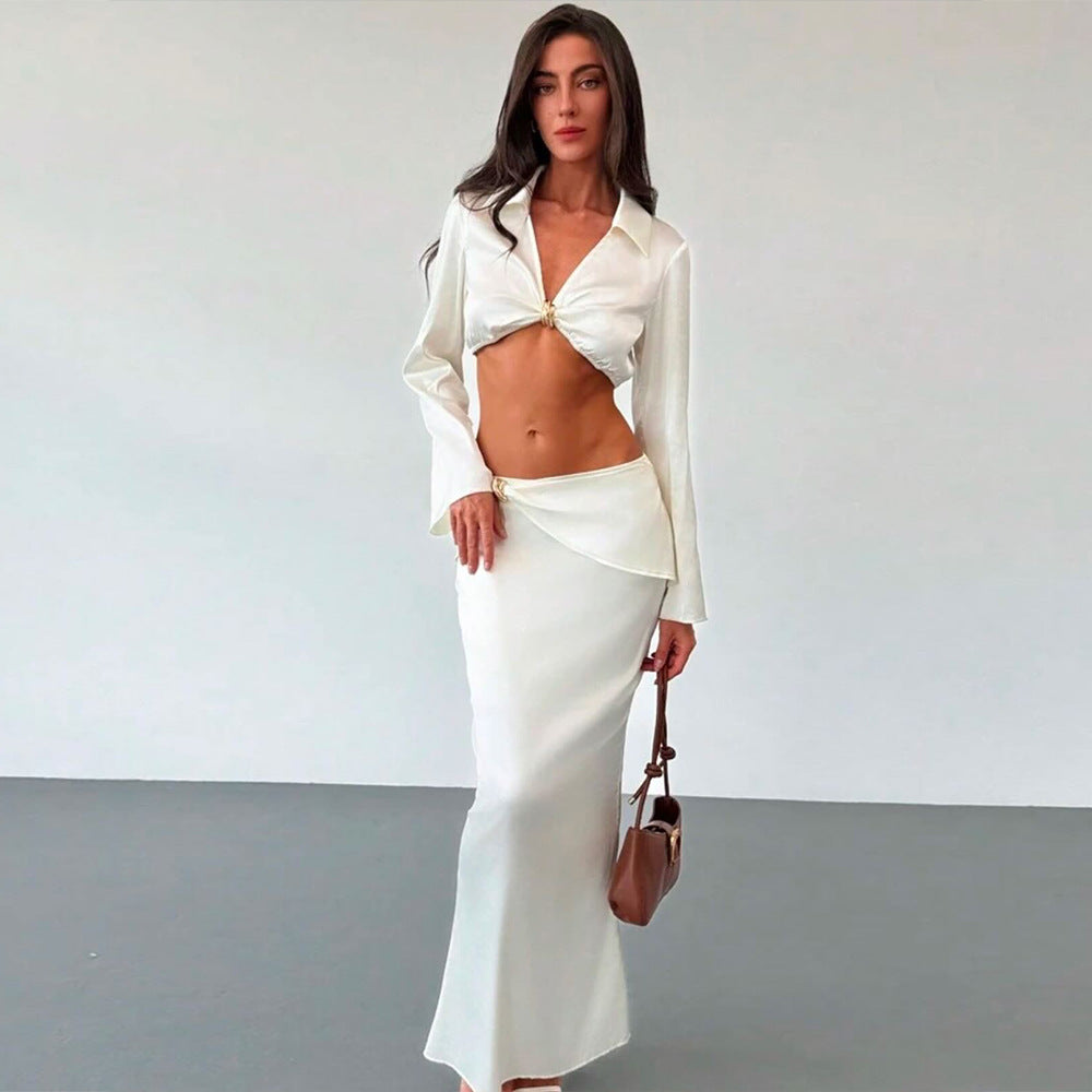 White Satin Crop Top and Maxi Skirt Set