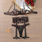 Black Lace Bra and Panty Set with Red Rose Embroidery