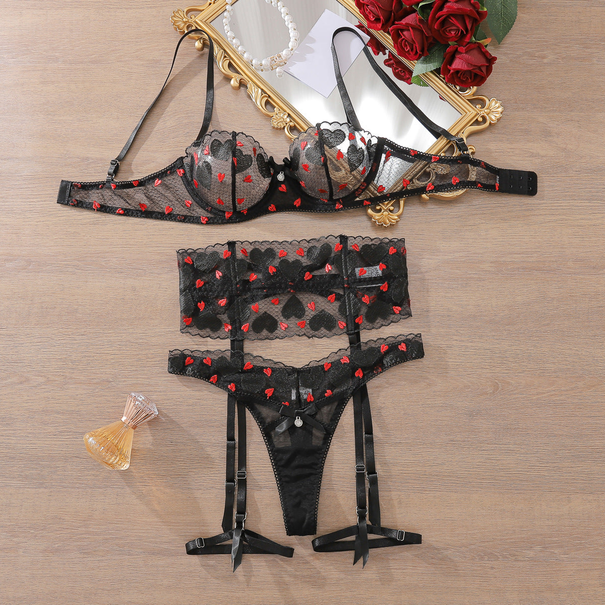 Black Lace Bra and Panty Set with Red Rose Embroidery