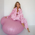Pink Satin Pajama Set with Kiss Print