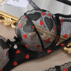 Black Lace Bra and Panty Set with Red Rose Embroidery
