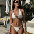 White Textured Triangle Bikini Set with Jewel Details