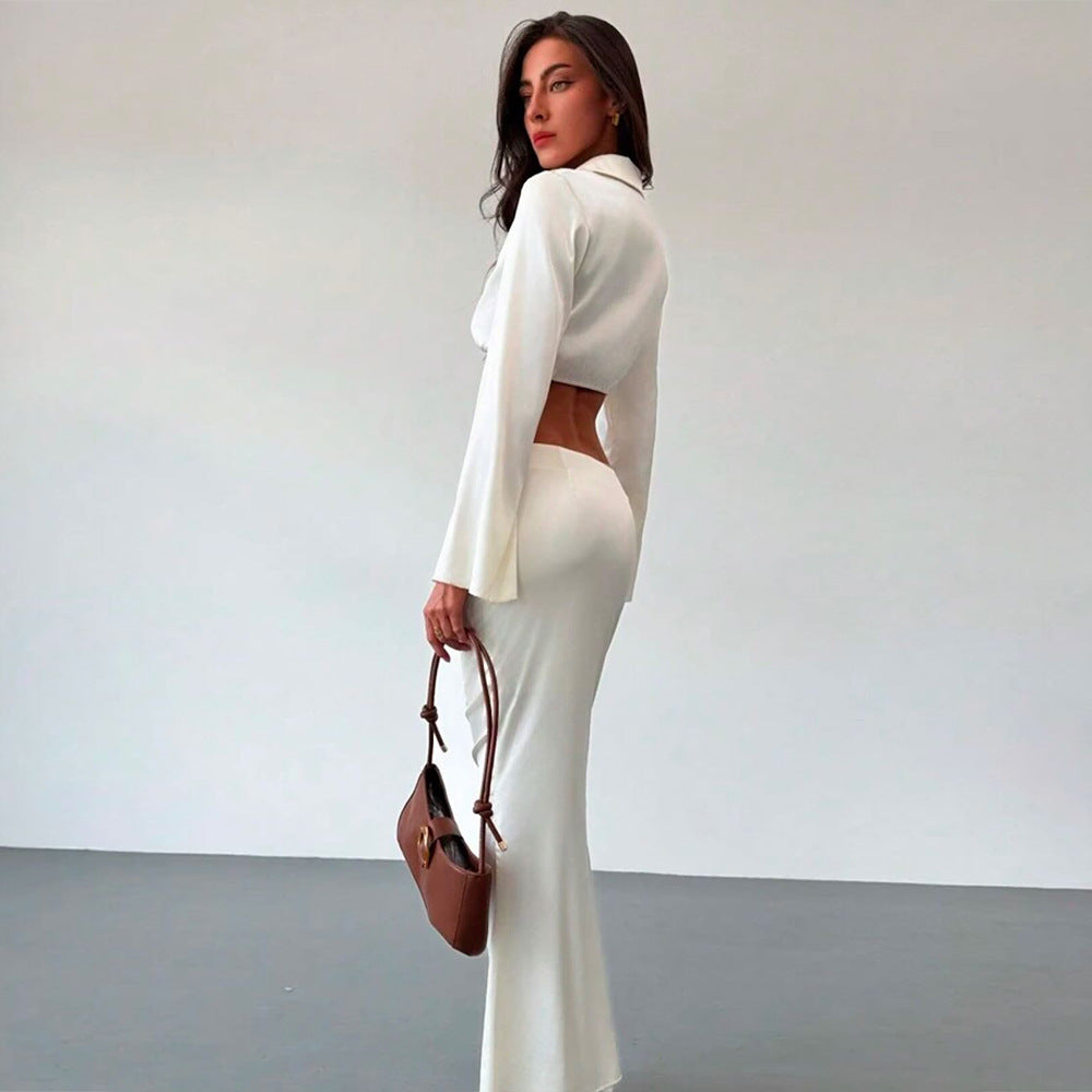 White Satin Crop Top and Maxi Skirt Set