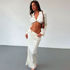 White Satin Crop Top and Maxi Skirt Set