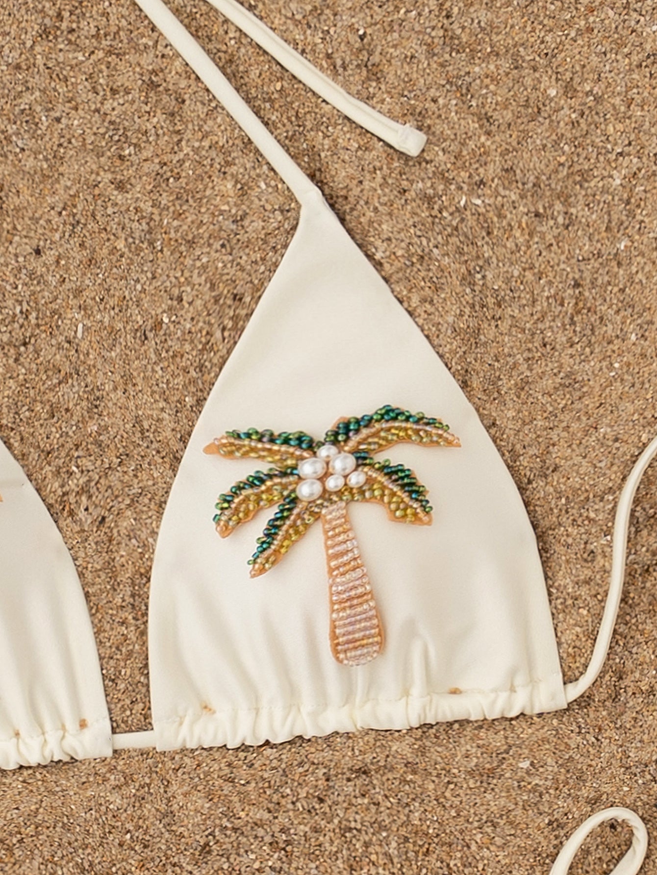 Cream Palm Tree Beaded Bikini Set