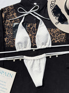 White Textured Triangle Bikini Set with Jewel Details
