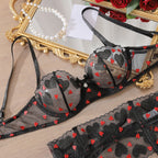 Black Lace Bra and Panty Set with Red Rose Embroidery