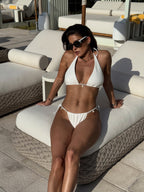 White Textured Triangle Bikini Set with Jewel Details