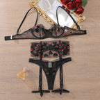 Black Lace Bra and Panty Set with Red Rose Embroidery