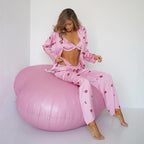 Pink Satin Pajama Set with Kiss Print