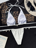 White Textured Triangle Bikini Set with Jewel Details