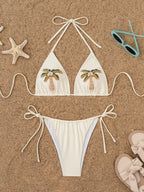 Cream Palm Tree Beaded Bikini Set