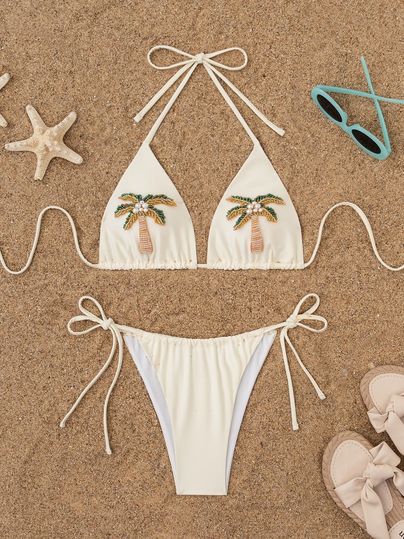 Cream Palm Tree Beaded Bikini Set