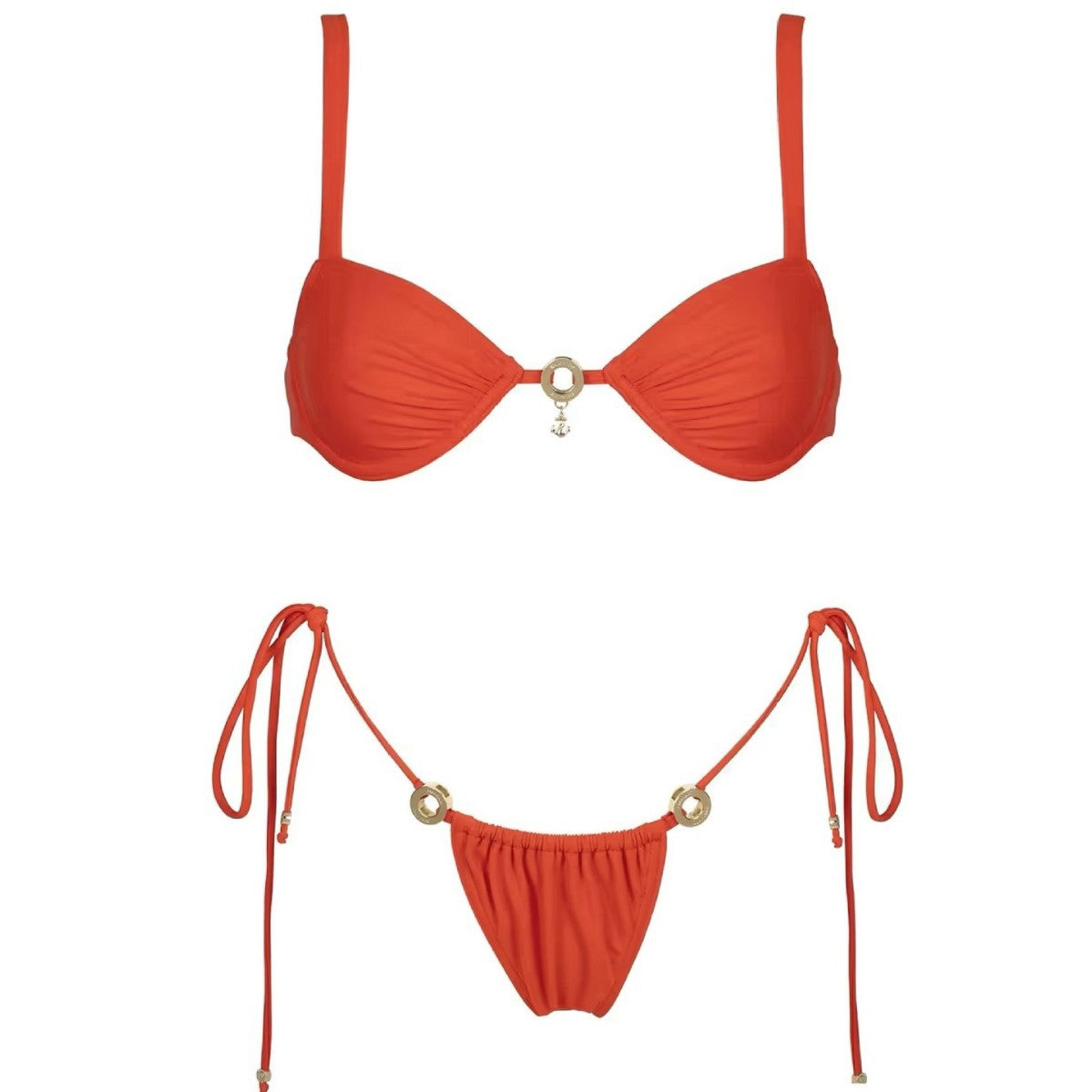 Red Ring Detail Ruched Bikini Set