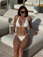 White Textured Triangle Bikini Set with Jewel Details
