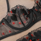 Black Lace Bra and Panty Set with Red Rose Embroidery