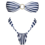 Navy Stripe Bandeau Bikini Set with Ring Detail