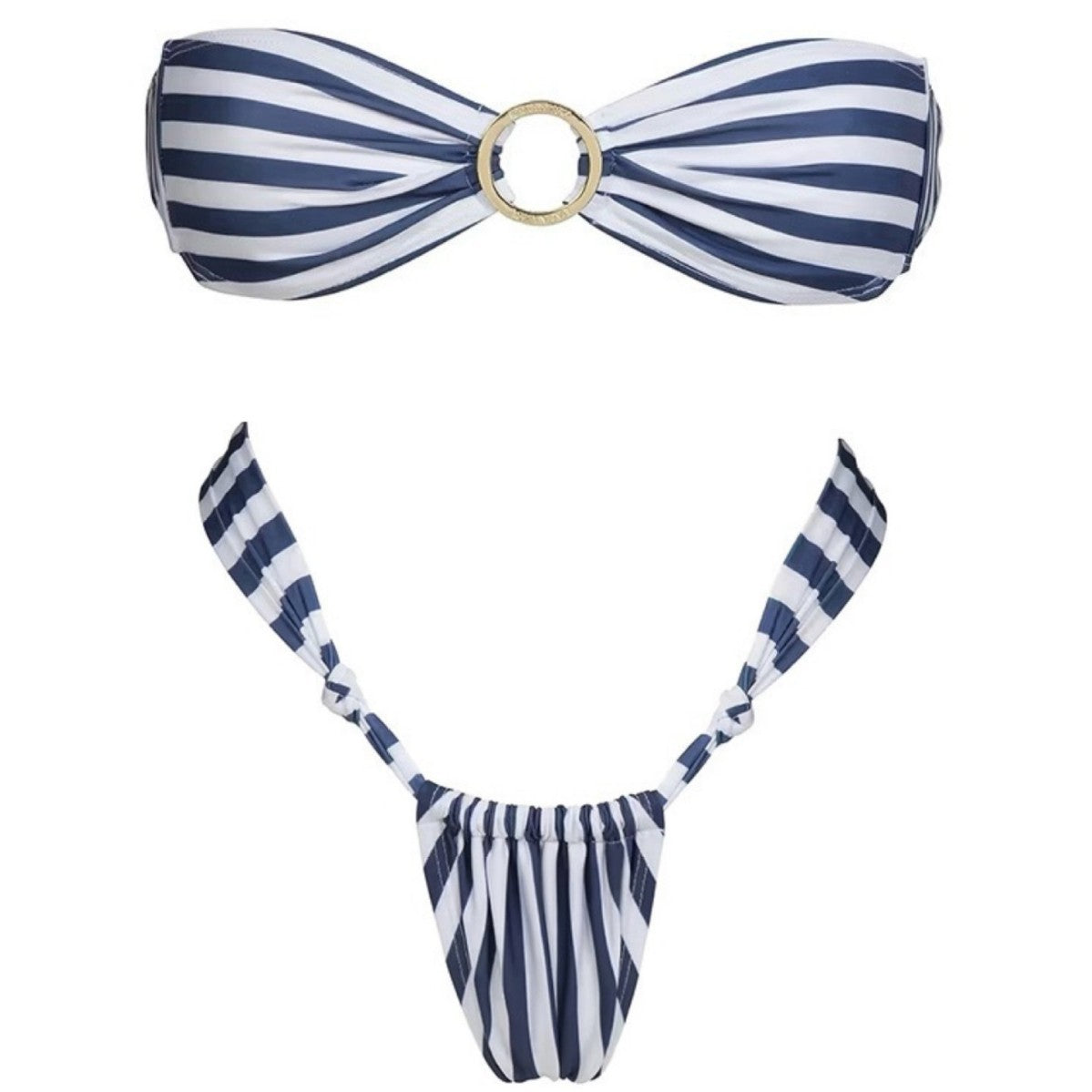 Navy Stripe Bandeau Bikini Set with Ring Detail