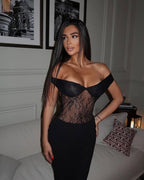 Off-Shoulder Lace Bodycon Maxi Dress with Sheer Panel