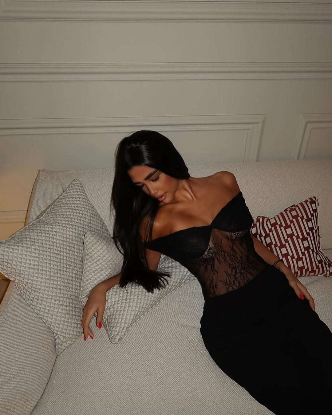 Off-Shoulder Lace Bodycon Maxi Dress with Sheer Panel