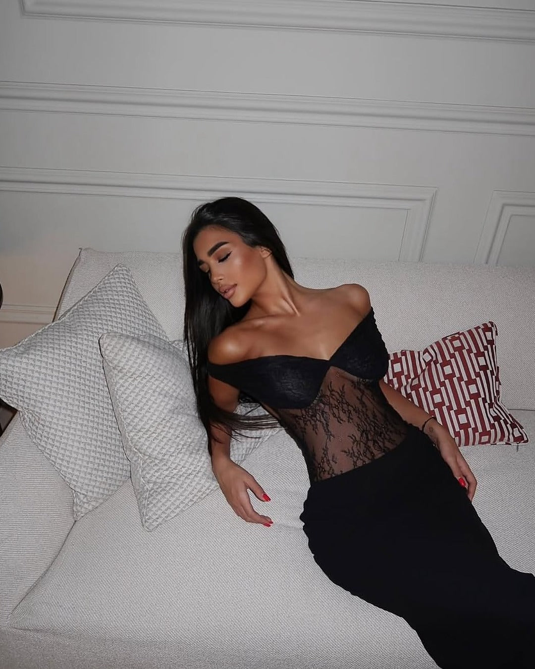 Off-Shoulder Lace Bodycon Maxi Dress with Sheer Panel