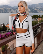 White Crop Jacket and Shorts Two-Piece Set with Black Trim