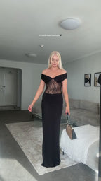 Off-Shoulder Lace Bodycon Maxi Dress with Sheer Panel