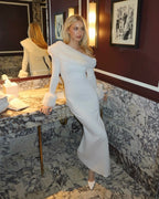 One Shoulder Maxi Dress with Faux Fur Trim and Side Slit