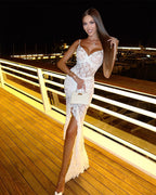 White Lace High-Low Dress with Ruffle Hem