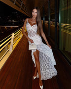 White Lace High-Low Dress with Ruffle Hem